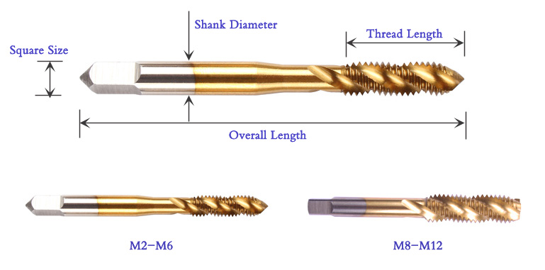 Right Hand Thread Spiral Flute Taps, Thread Size M3-M12